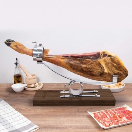 Jamonero basculante con cabezal Giratorio Inox y base Madera de Fresno +  set de cuchillo y Chaira 3 Claveles - Academia de corte