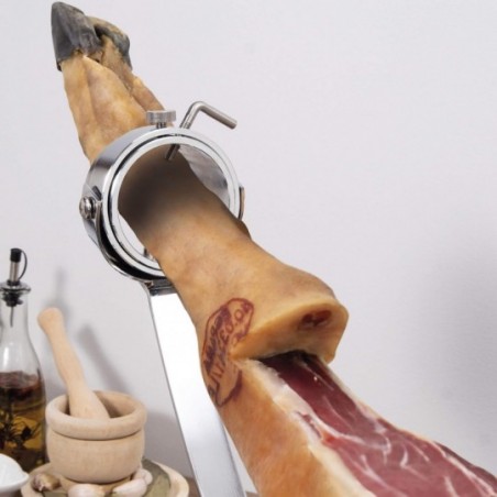 Jamonero basculante con cabezal Giratorio Inox y base Acero Inox + Set 3  Claveles de Cuchillo,Chaira ,Pinza y Regalo Cubre Jamón - Academia de corte