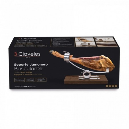 Jamonero basculante con cabezal Giratorio Inox y base Madera de Fresno +  set de cuchillo y Chaira 3 Claveles - Academia de corte